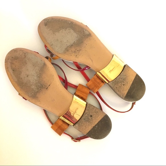Ferragamo Red Orange Gold Strap Sandals 6.5 - Picture 6 of 7